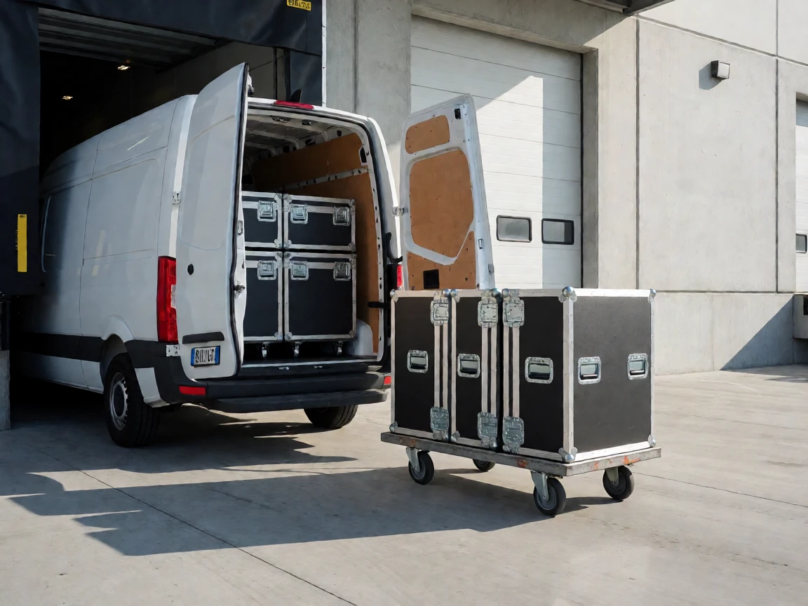 LED screen flight cases loaded on a trolley and inside a cargo van at a warehouse loading dock