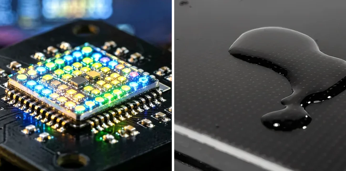 Side-by-side comparison of real LED module surfaces: discrete SMD packages with exposed lamp cups on the left, a sealed COB encapsulation on the right