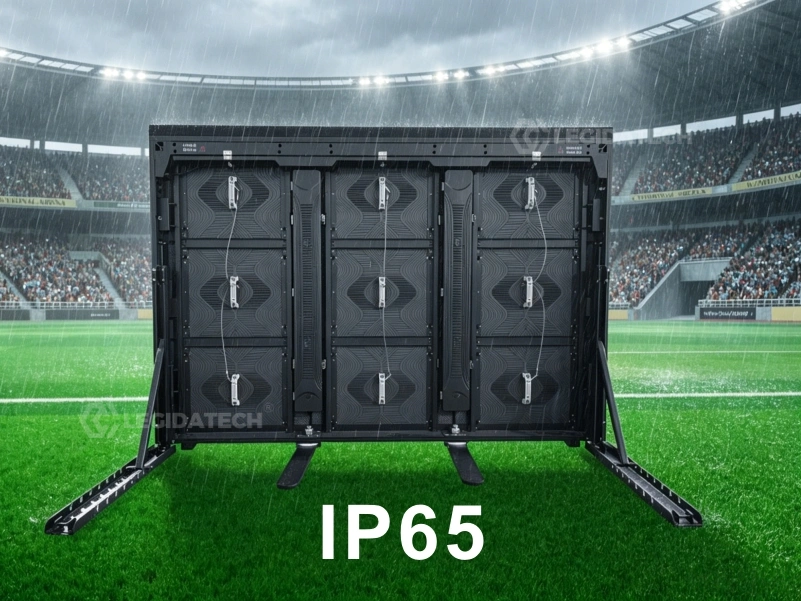 ST1440 standing in heavy rain on the pitch — IP65 full weather protection