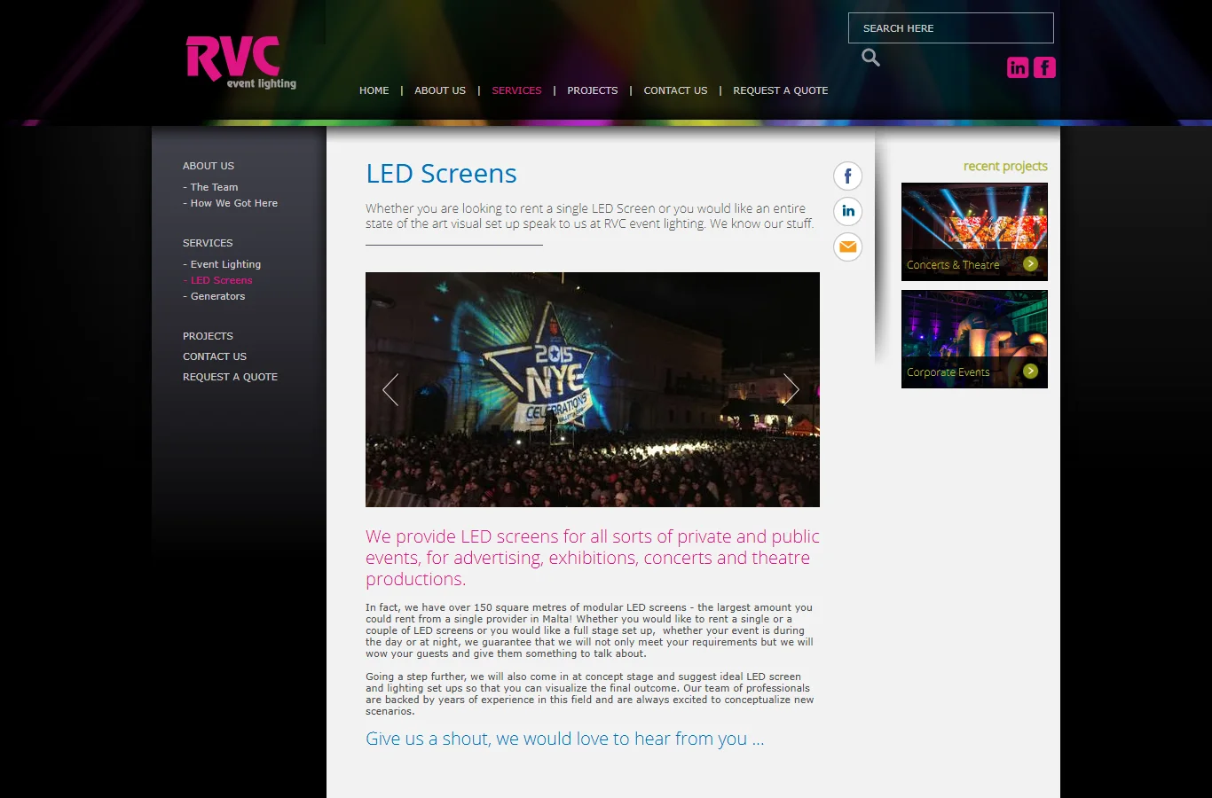 RVC Event Lighting official website — LED screen rental in Hamrun, Malta