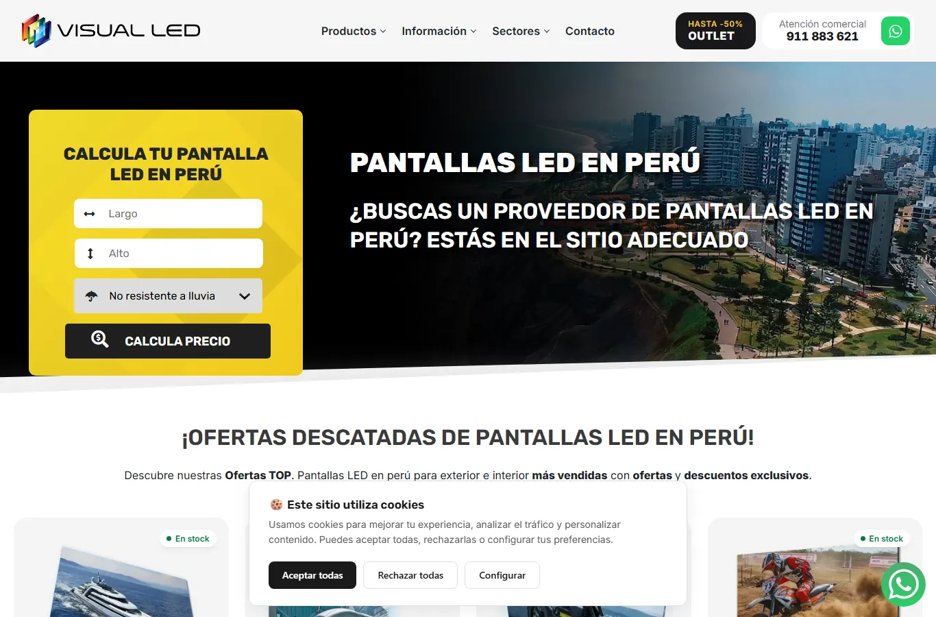 Visual Led pantallas LED en Peru landing page with price calculator